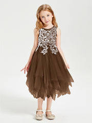 Tea Length Tulle Junior Bridesmaid Dresses Brown