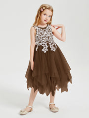 Tea Length Tulle Junior Bridesmaid Dresses Brown