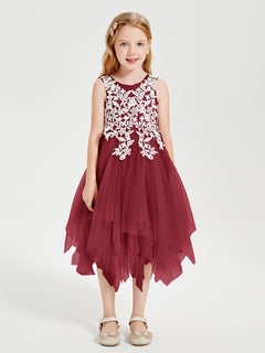 Tea Length Tulle Junior Bridesmaid Dresses Burgundy