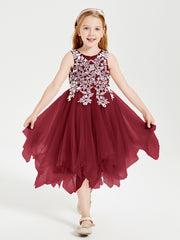 Tea Length Tulle Junior Bridesmaid Dresses Burgundy