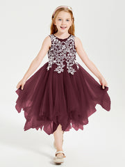 Tea Length Tulle Junior Bridesmaid Dresses Cabernet