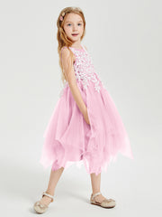 Tea Length Tulle Junior Bridesmaid Dresses Candy Pink