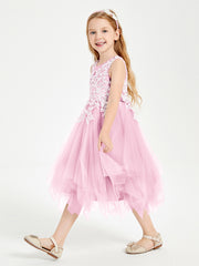 Tea Length Tulle Junior Bridesmaid Dresses Candy Pink