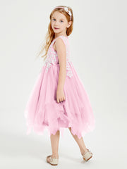 Tea Length Tulle Junior Bridesmaid Dresses Candy Pink