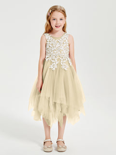 Tea Length Tulle Junior Bridesmaid Dresses Champagne