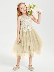 Tea Length Tulle Junior Bridesmaid Dresses Champagne