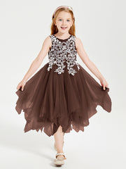 Tea Length Tulle Junior Bridesmaid Dresses Chocolate