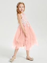 Tea Length Tulle Junior Bridesmaid Dresses Coral