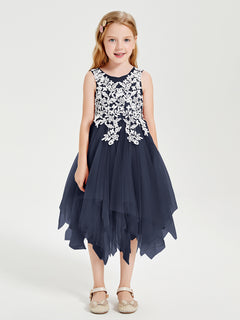 Tea Length Tulle Junior Bridesmaid Dresses Dark Navy