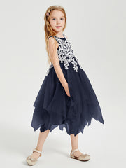 Tea Length Tulle Junior Bridesmaid Dresses Dark Navy
