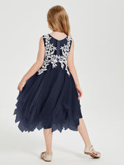 Tea Length Tulle Junior Bridesmaid Dresses Dark Navy