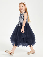 Tea Length Tulle Junior Bridesmaid Dresses Dark Navy