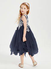 Tea Length Tulle Junior Bridesmaid Dresses Dark Navy