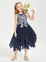 Tea Length Tulle Junior Bridesmaid Dresses Dark Navy