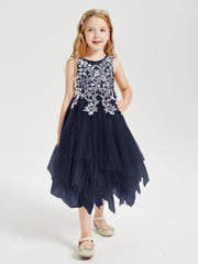Tea Length Tulle Junior Bridesmaid Dresses Dark Navy