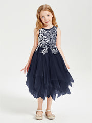 Tea Length Tulle Junior Bridesmaid Dresses Dark Navy