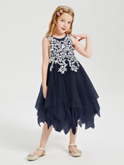 Tea Length Tulle Junior Bridesmaid Dresses Dark Navy