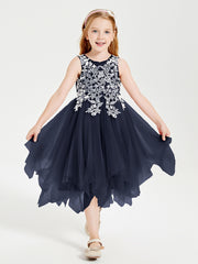 Tea Length Tulle Junior Bridesmaid Dresses Dark Navy