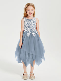 Tea Length Tulle Junior Bridesmaid Dresses Dusty Blue