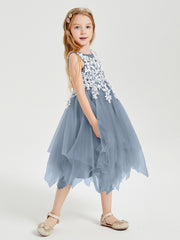 Tea Length Tulle Junior Bridesmaid Dresses Dusty Blue
