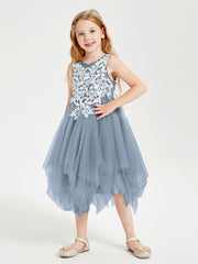 Tea Length Tulle Junior Bridesmaid Dresses Dusty Blue