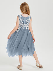 Tea Length Tulle Junior Bridesmaid Dresses Dusty Blue