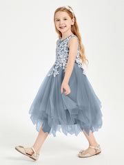 Tea Length Tulle Junior Bridesmaid Dresses Dusty Blue
