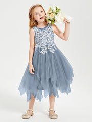 Tea Length Tulle Junior Bridesmaid Dresses Dusty Blue