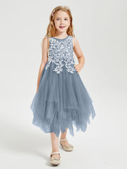 Tea Length Tulle Junior Bridesmaid Dresses Dusty Blue