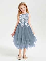 Tea Length Tulle Junior Bridesmaid Dresses Dusty Blue
