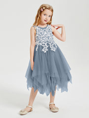 Tea Length Tulle Junior Bridesmaid Dresses Dusty Blue