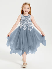 Tea Length Tulle Junior Bridesmaid Dresses Dusty Blue