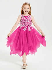 Tea Length Tulle Junior Bridesmaid Dresses Fuchsia