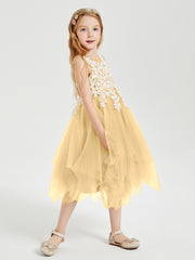 Tea Length Tulle Junior Bridesmaid Dresses Gold