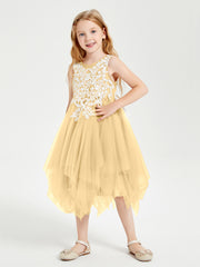 Tea Length Tulle Junior Bridesmaid Dresses Gold