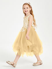 Tea Length Tulle Junior Bridesmaid Dresses Gold