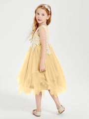Tea Length Tulle Junior Bridesmaid Dresses Gold