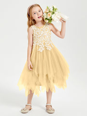Tea Length Tulle Junior Bridesmaid Dresses Gold