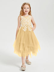 Tea Length Tulle Junior Bridesmaid Dresses Gold