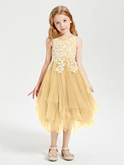 Tea Length Tulle Junior Bridesmaid Dresses Gold