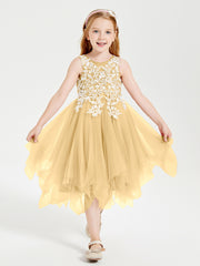 Tea Length Tulle Junior Bridesmaid Dresses Gold