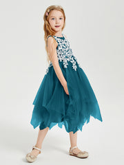 Tea Length Tulle Junior Bridesmaid Dresses Ink Blue