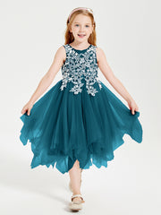 Tea Length Tulle Junior Bridesmaid Dresses Ink Blue