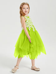 Tea Length Tulle Junior Bridesmaid Dresses Lime Green