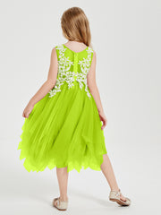 Tea Length Tulle Junior Bridesmaid Dresses Lime Green