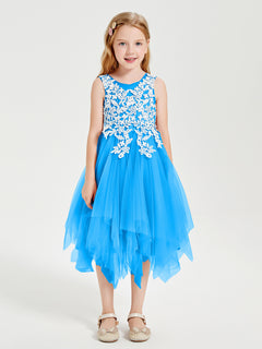 Tea Length Tulle Junior Bridesmaid Dresses Ocean Blue