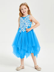 Tea Length Tulle Junior Bridesmaid Dresses Ocean Blue