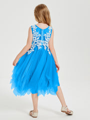 Tea Length Tulle Junior Bridesmaid Dresses Ocean Blue