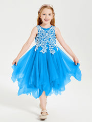 Tea Length Tulle Junior Bridesmaid Dresses Ocean Blue