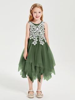 Tea Length Tulle Junior Bridesmaid Dresses Olive Green